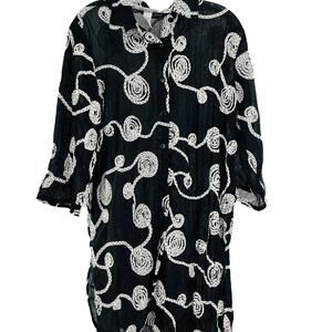 Vintage CZ Cover-Ups Black Sheer White Ribbon Embellish Swim Cover Up M